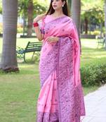 Pink color banglori handloom  silk blend waving buttis saree