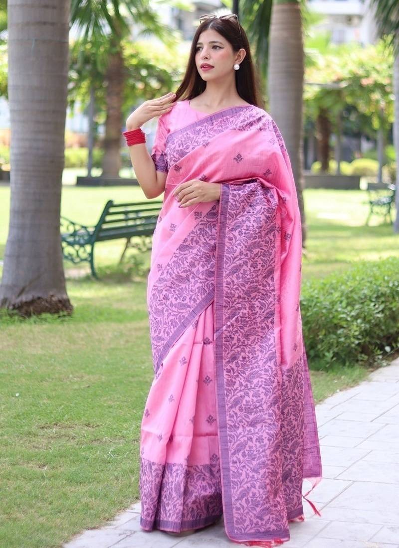 Pink color banglori handloom raw silk waving buttis saree