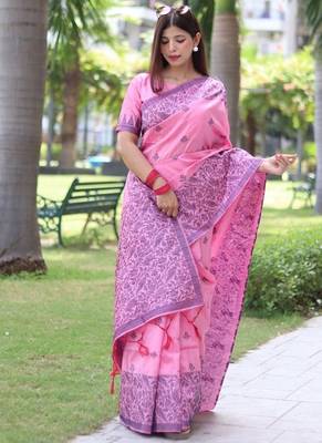 Pink banglori handloom silk blend waving buttis saree 2