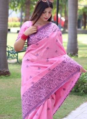 Pink banglori handloom silk blend waving buttis saree 3