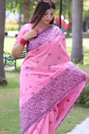 Pink color banglori handloom  silk blend waving buttis saree