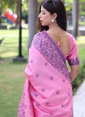 Pink banglori handloom silk blend waving buttis saree 4