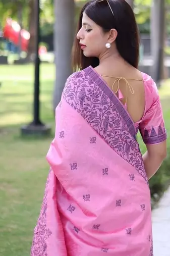 Pink color banglori handloom  silk blend waving buttis saree