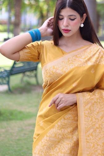 Yellow color banglori handloom raw silk waving buttis saree