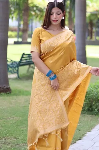 Yellow color banglori handloom raw silk waving buttis saree