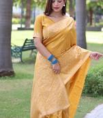 Yellow color banglori handloom  silk blend waving buttis saree