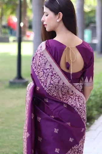 Purple color banglori handloom  silk blend waving buttis saree