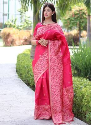 Peach color banglori handloom  silk blend waving buttis saree 1