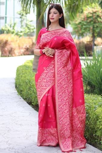 Peach color banglori handloom raw silk waving buttis saree