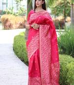 Peach color banglori handloom raw silk waving buttis saree