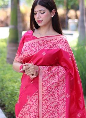 Peach color banglori handloom  silk blend waving buttis saree 2