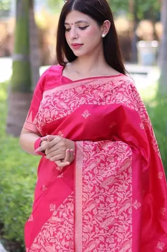 Peach color banglori handloom  silk blend waving buttis saree