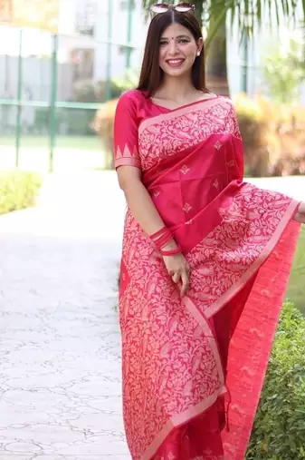 Peach color banglori handloom  silk blend waving buttis saree