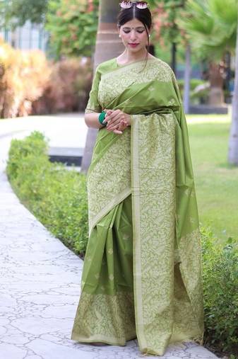 Mehandi color banglori handloom raw silk waving buttis saree