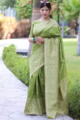 Mehandi color banglori handloom raw silk waving buttis saree