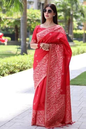 Red color banglori handloom raw silk waving buttis saree