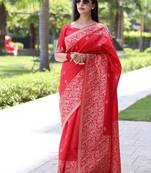 Red color banglori handloom raw silk waving buttis saree