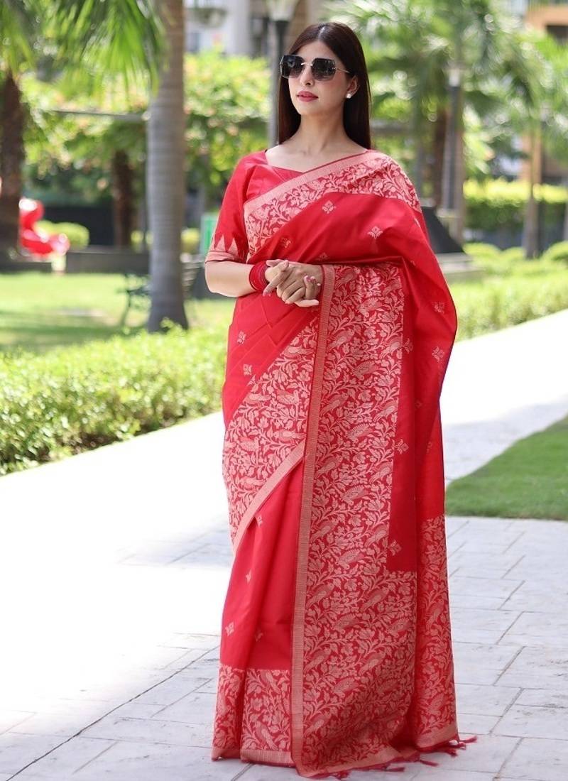 Red color banglori handloom raw silk waving buttis saree