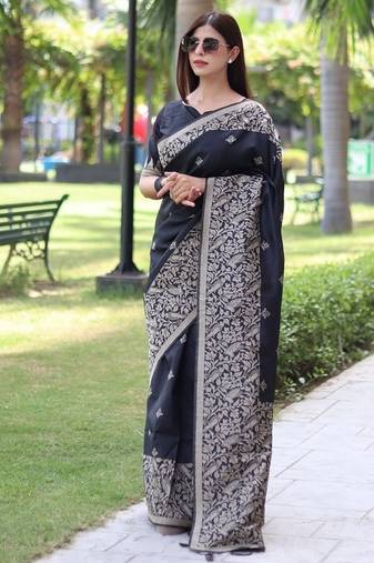 Black color banglori handloom raw silk waving buttis saree