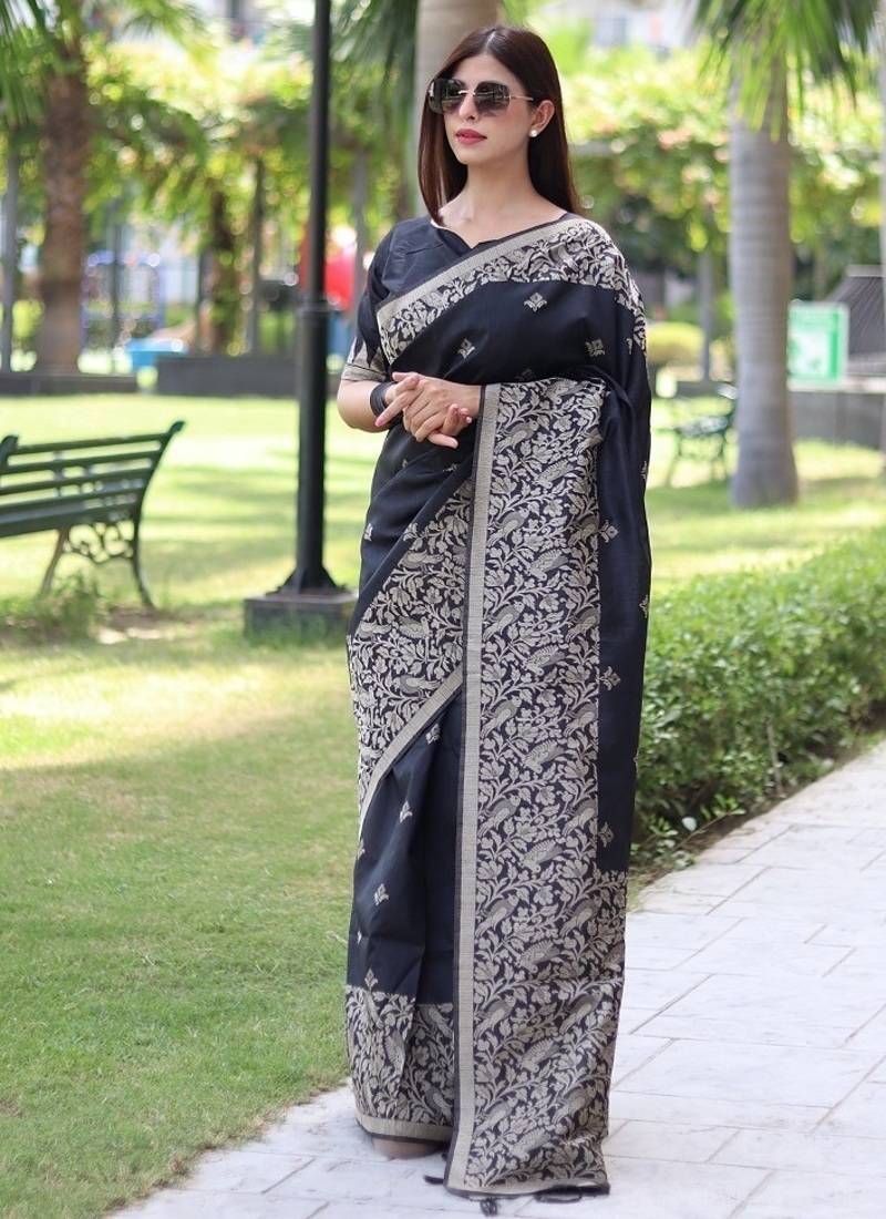 Black color banglori handloom raw silk waving buttis saree