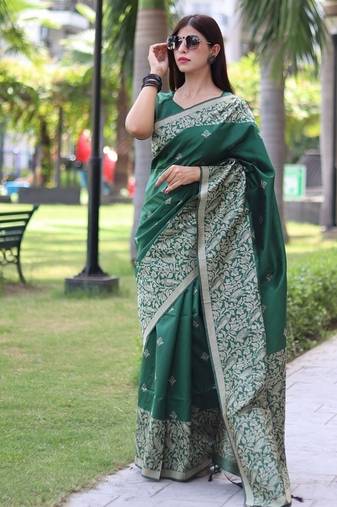 Green color banglori handloom raw silk waving buttis saree