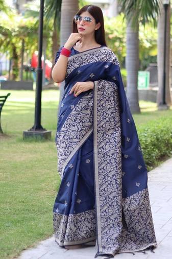 Blue color banglori handloom raw silk waving buttis saree