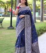 Blue color banglori handloom raw silk waving buttis saree