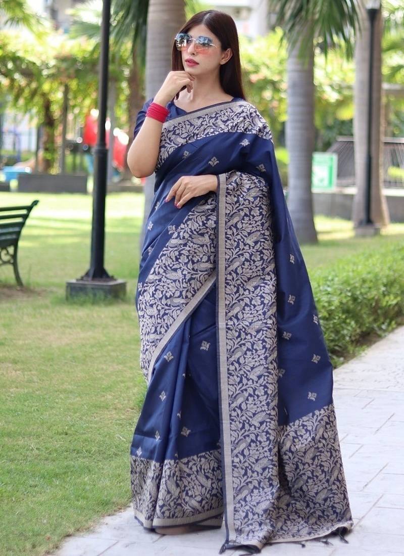 Blue color banglori handloom raw silk waving buttis saree