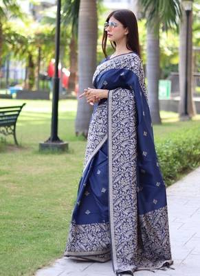 Blue color banglori handloom  silk blend waving buttis saree 2