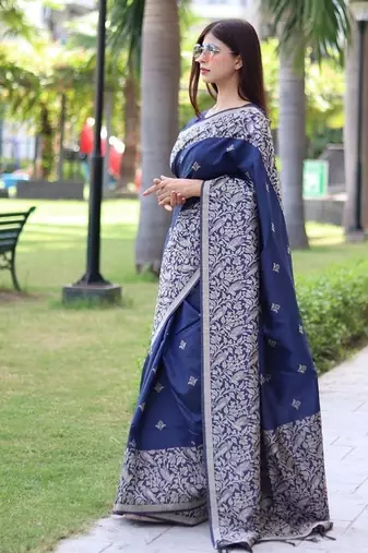 Blue color banglori handloom  silk blend waving buttis saree