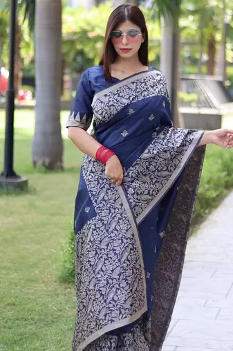 Blue color banglori handloom  silk blend waving buttis saree