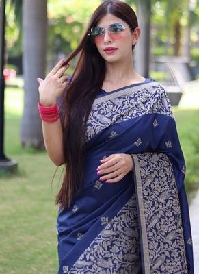 Blue color banglori handloom  silk blend waving buttis saree 4