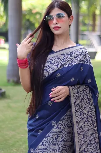 Blue color banglori handloom  silk blend waving buttis saree