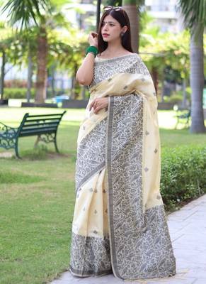 Cream color banglori handloom  silk blend waving buttis saree 1