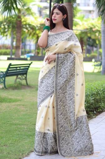 Cream color banglori handloom raw silk waving buttis saree