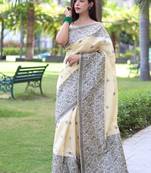 Cream color banglori handloom  silk blend waving buttis saree