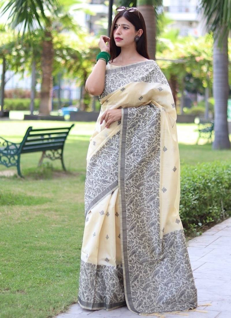 Cream color banglori handloom raw silk waving buttis saree