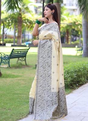 Cream color banglori handloom  silk blend waving buttis saree 2