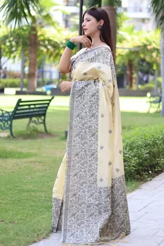 Cream color banglori handloom  silk blend waving buttis saree