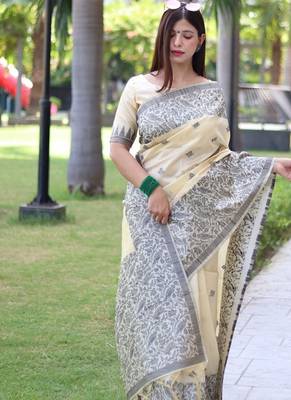 Cream color banglori handloom  silk blend waving buttis saree 3