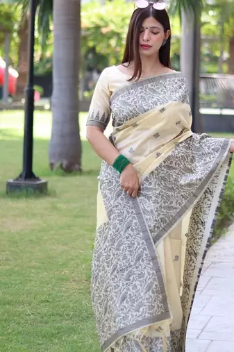 Cream color banglori handloom  silk blend waving buttis saree