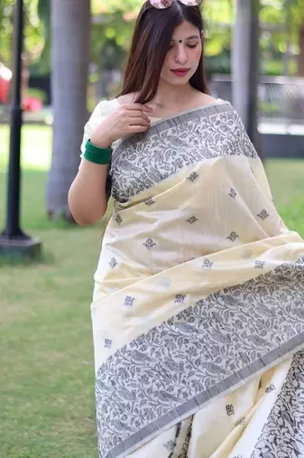 Cream color banglori handloom  silk blend waving buttis saree