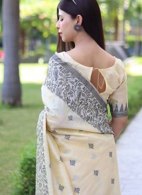 Cream color banglori handloom  silk blend waving buttis saree 5