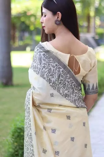 Cream color banglori handloom  silk blend waving buttis saree