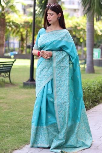 Sky blue color banglori handloom raw silk waving buttis saree