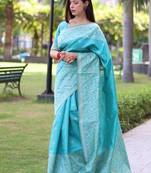 Sky blue color banglori handloom raw silk waving buttis saree