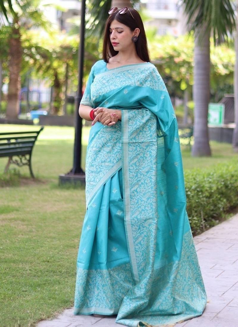 Sky blue color banglori handloom raw silk waving buttis saree