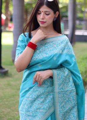 Sky blue color banglori handloom  silk blend waving buttis saree 2