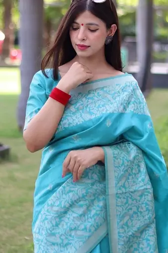 Sky blue color banglori handloom raw silk waving buttis saree