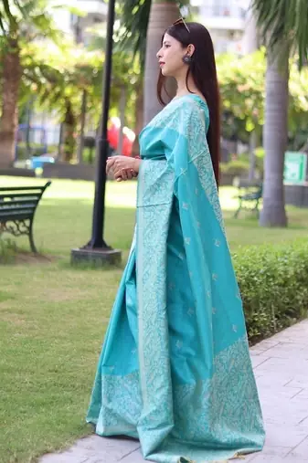 Sky blue color banglori handloom raw silk waving buttis saree